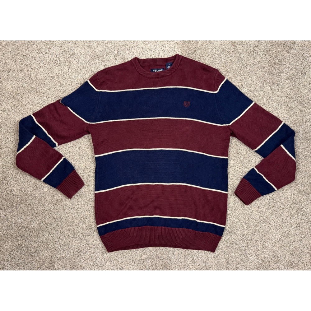 Chaps Sweater‎ Striped Cotton Blend Size M Burgundy Navy Blue Preppy Crewneck